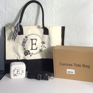 Embroidery Personalized “E”Black/White Canvas Tote Bag with Jewelry Box